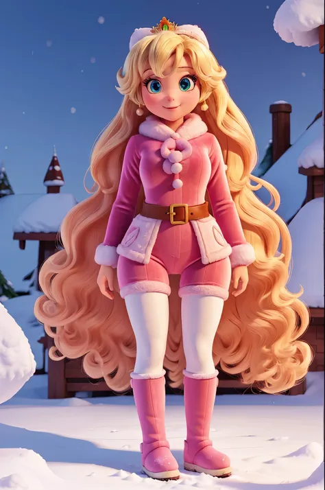 ,princess peach,snow boots, in the snow,tight velvet clothing,crotch view,standing,open legs,looking the viewer,christmas,legwear,orgasm,thick thighs
