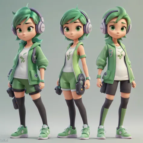 game character、18歳の女性のcartoon charactersは、（cyber punk）,headphone，pastel green bob cut hair、(((Dark green one-piece combat uniform style)))、((super high cut sneakers))、(((full body shot)))、（frontal shot）、 cartoon characters, Stylized characters, Animation s...