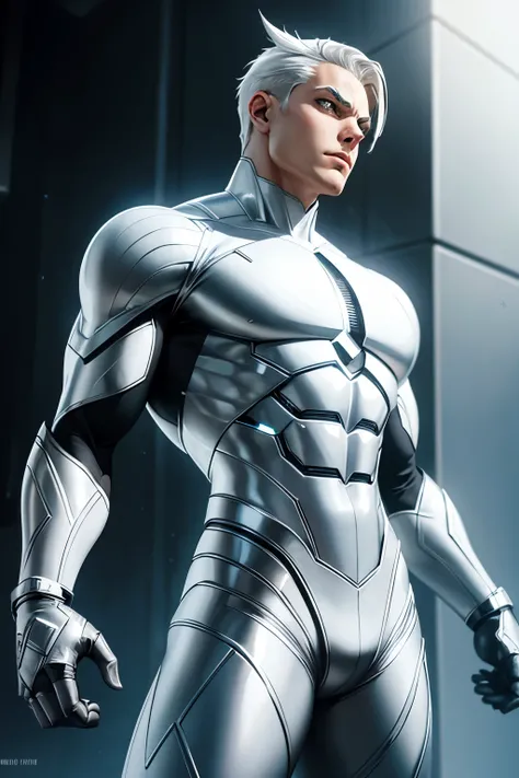 CREATE A SILVER WHITE METALLIC THEMED MALE SUPERHERO THAT HAS METAL BODY PARTS LIKE AN ANDROID