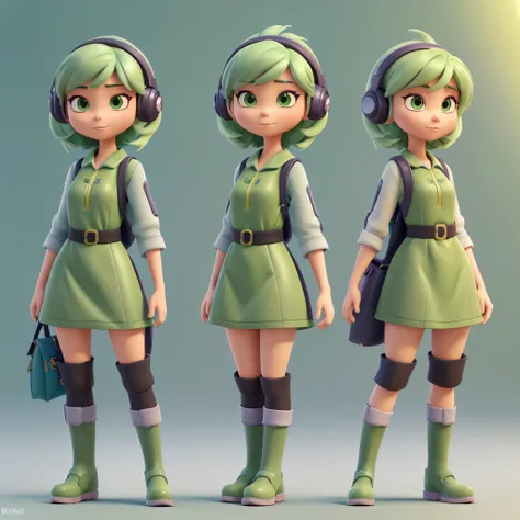 game character、18歳の女性のcartoon charactersは、smartphone、（cyber punk）,headphone，pastel green bob cut hair、(((A large, baggy, dark green dress that looks like a battle uniform.)))、((super big boots))、(((full body shot)))、（frontal shot）、 cartoon characters, Styl...