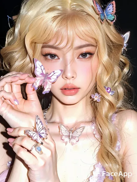 blond woman with mariposa makeup and mariposa earrings holding up a mariposa, retrato de kim petras, fairy core, cute aesthetic ...