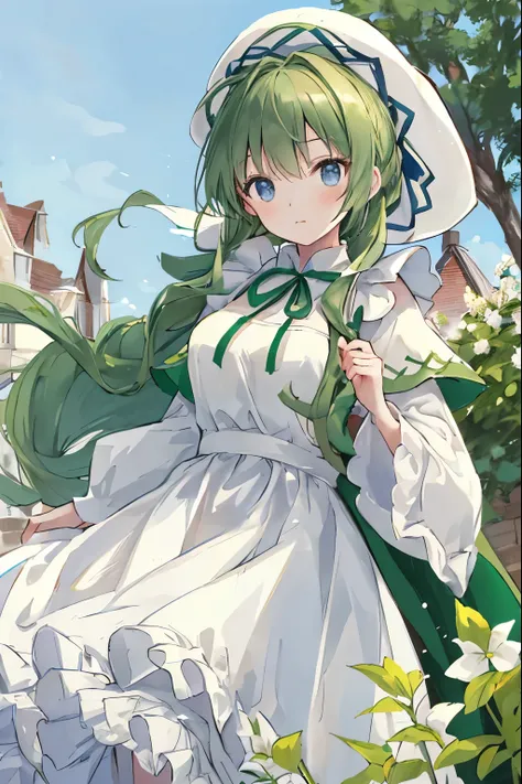 civilian, village, Medieval, green trim dress, long sleeve, long hair, puffy clothes, young girl, medium breasts, white apron, white headdress, long dress, capelet, white hat, ribbon trim sleeves, slim, moderate, ponytail,