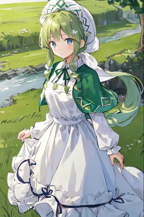 civilian, village, Medieval, green trim dress, long sleeve, long hair, puffy clothes, young girl, medium breasts, white apron, white headdress, long dress, capelet, white hat, ribbon trim sleeves, slim, moderate, ponytail,