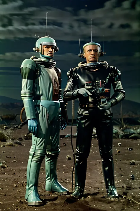 wide shot of a 1950s science fiction tv series with human actors and robots