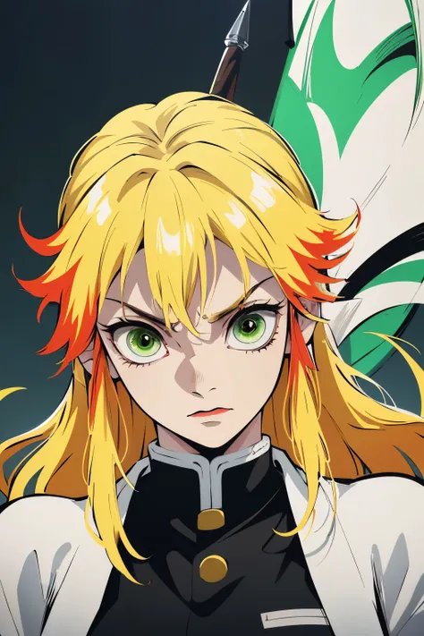 (best quality,ultra-detailed),white young woman with medium length yellow hair with red details, green eyes, and an angry face. She is named Linda and she is wearing a demon slayer uniform. In her hand, she holds a sword. The highlights in her hair are in ...