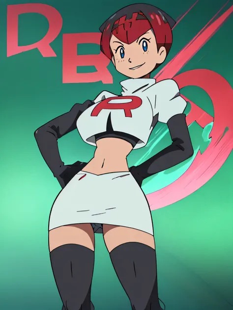 8k, anime screencap,1girl in, (solo:1.1), (perfect body:1.1), (best quality:1.1), very large breast, team rocket uniform, red letter r, white skirt,white crop top,black thigh-high boots, black elbow gloves, evil smile, looking down at viewer, hands on hips...