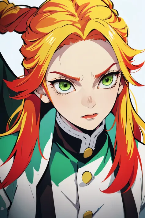 (best quality,ultra-detailed),white young woman with medium length yellow hair with red details, green eyes, and an angry face. ...