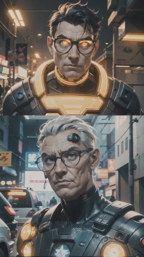 there is a man with a futuristic neon suit and glasses on, movie still of a cool cyborg, movie still of a villain cyborg, cyberpunk old man, movie still of a cyborg, quicksilver, movie still of aztec cyborg, finnian macmanus, borg, portrait shot, from a 2 ...