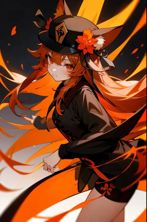 1girl,(orange hair, orange fox ears, orange fox tail, red eyes),  hu tao hat, orange long hair, black shorts, black clothes, ani...