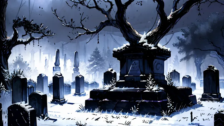 a gloomy cemetery full of macabre trees and ancient graves on a dense, heavy night