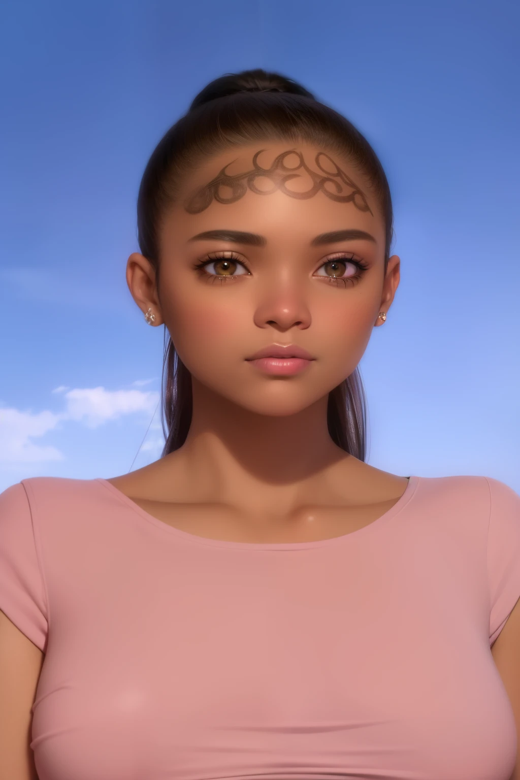 a close up of a woman with a pink top and a blue sky, real detailed face, ( ( dark skin ) ), ( ( brown skin ) ), detailed realistic face, ( brown skin ), imvu, with very highly detailed face, detailed and realistic face, realistic detailed face, detailed f...