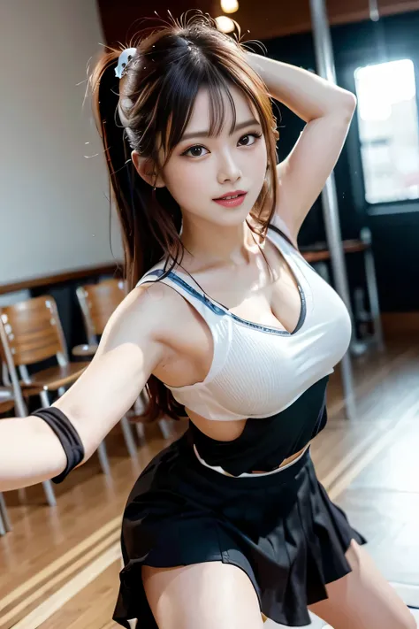 Idol,With a round face,A smile that makes people happy,Classroom wall and window on background,(((Intense dance motion:1.3))),(Let&#39;s spread our hands and dance rhythmically:1.3),(((Dance that emphasizes breasts:1.3))),(stand up and put one knee up:1.3)...