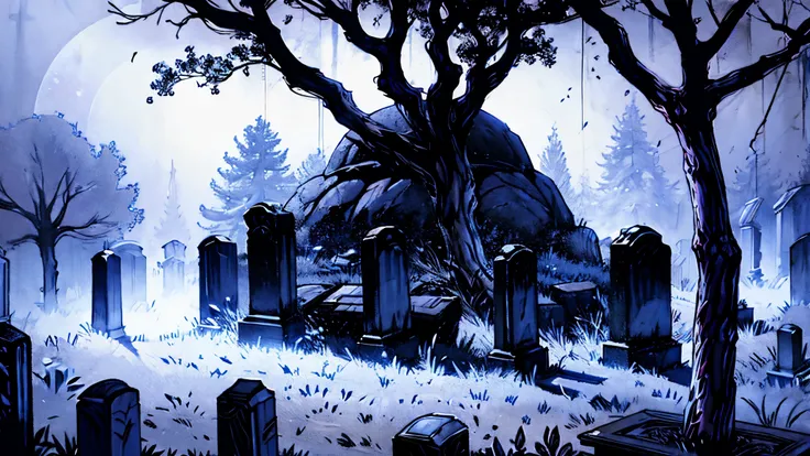 a gloomy cemetery full of macabre trees and ancient graves on a dense, heavy night