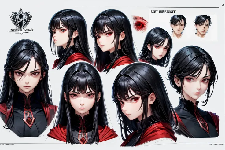 ((best quality)), ((work of art)), (detailed), perfect face, model sheet, black hair, red eyes, villain, serious expression,  