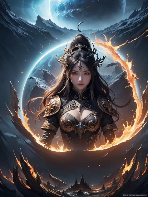 ((highest quality)),(ultra high resolution),(Super detailed),(detailed description),((best CG)),(best work of art),super precision art,amazing drawing art,(Fantasy art with precise details:1.5), The black sun is rising in this world、flame burns the clouds。...