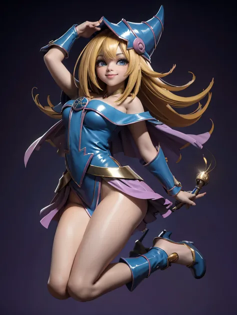 Dark magician gils en el aire, she is standing jumping, Magic hearts background. Sonrisa en sus labios. Ojos celestes. Cabello dorado. Pose sensual. Levitando en una pie. Tiene tacones. 1.1 Usa tacones azules y dorados . Usa tacones 