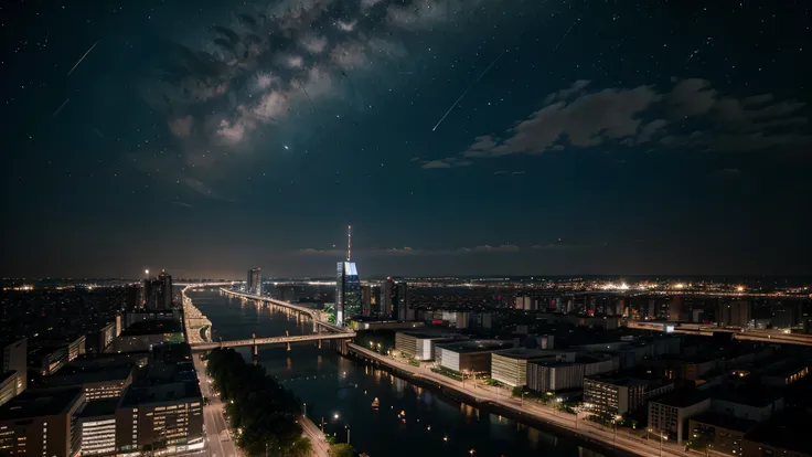 Crea una imagen de una ciudad futurista, with flying vehicles, muchos letreros luminosos sobre los edificios, Large buildings that defy gravity under a starry night