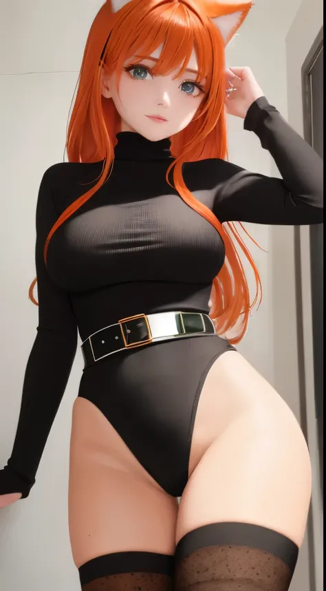 mother, Masterpiece, Best quality, ultra detailed, Beautiful lighting, 1 girl, Orange hair, cat ear, Green eyes, freckles, turtleneck top, I look at the viewer, detailed black stockings with belt, juicy ass
