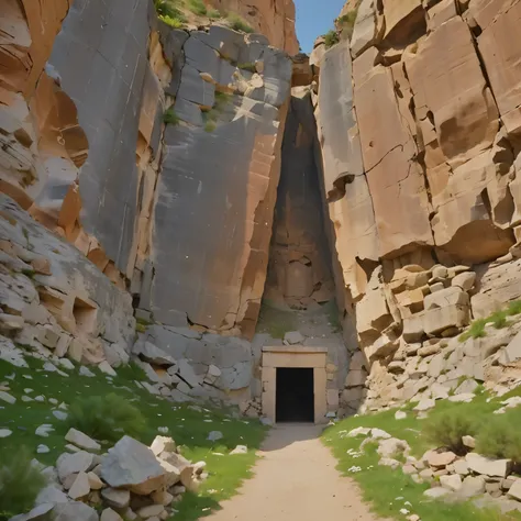 there is a tunnel in the middle of a mountain with a small entrance, entrada da caverna, masmorra do antigo templo persa, stone gate to the dark cave, entrada para uma masmorra antiga, a grande porta do inferno, contendo um portal oculto, desfiladeiro, A e...