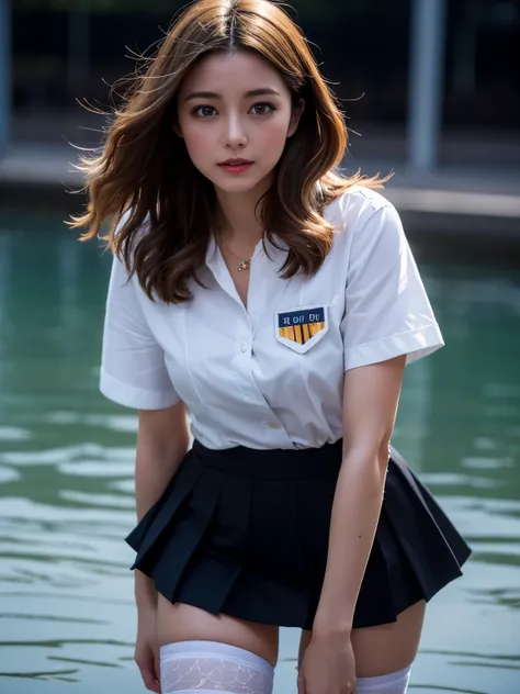 （highest quality，4k，masterpiece：1.2），Beautiful woman，1 girl，sexy：1.1，dark yellow hair：1.1，woman in uniform，soaking wet uniform，super detailed face，lip details，fine eyes，double eyelid，miniskirt white stockings，stand up