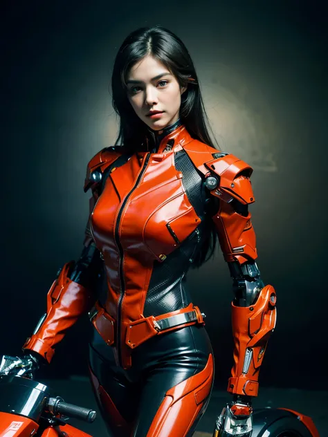 ((best quality)), ((masterpiece)), ((perfect face))、（(detailed motorcycle)）、Detailed and clear photos、((Cyborg Woman))、(Red long sleeve riding jacket and leather pants))、((ride a motorcycle))、((cybernetics))、slender body、((Woman with mechanical body))、comm...