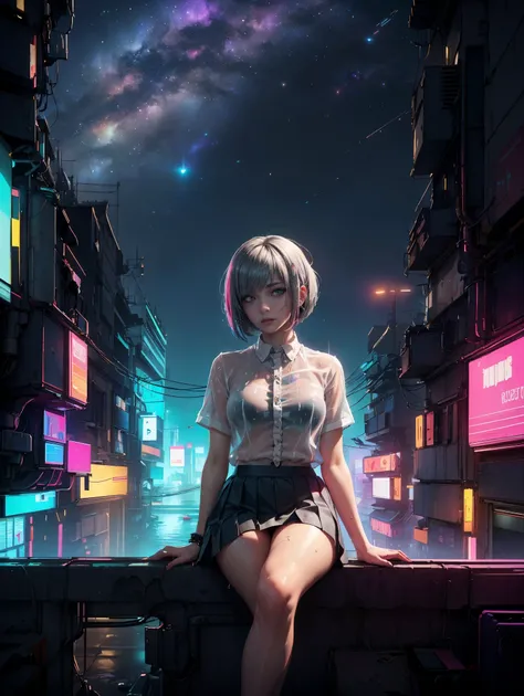 (realism), a girl sitting legs dangling on a edge roof ledge), (rain drop), (sweat see through white frilled shirt:1.3), (pleated skirt:1.3), (rainy city), (dusk, the milky way in the sky:1.45), (small breasts), photoreal, (beautiful sky, starry), (masterp...