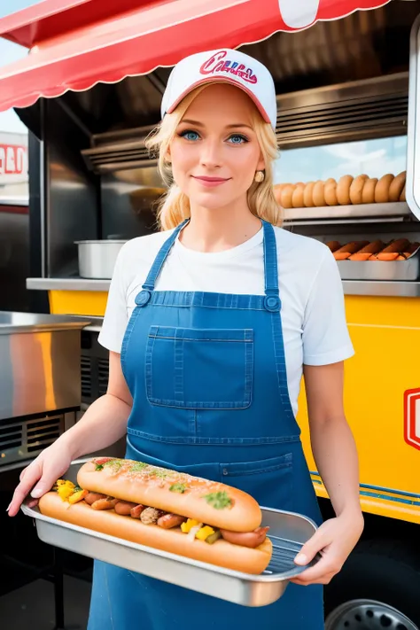 A realistic image of a Skinny 33-year-old Blond Woman expertly making hot dogs on a food truck, the sizzling hot dogs and buns in the foreground, the food trucks vintage design and colorful logo in the background, shipshape and well-detailed worn-out apron...