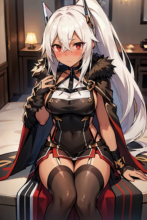 girl, minneapolis(azur lane),fur-trimmed_cape, dress, party dress, black dress, embarrassed, shy, blush, averting gaze, sitting