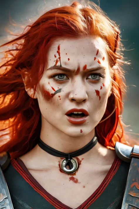 Portrait of a fierce-looking female Viking warrior with jet-black eyes, her fiery red hair streaming in the wind, hassocks of war paint adorning her temples and cheekbones. Depicted with an open mouth, letting out a bloodcurdling battle cry as she readies ...