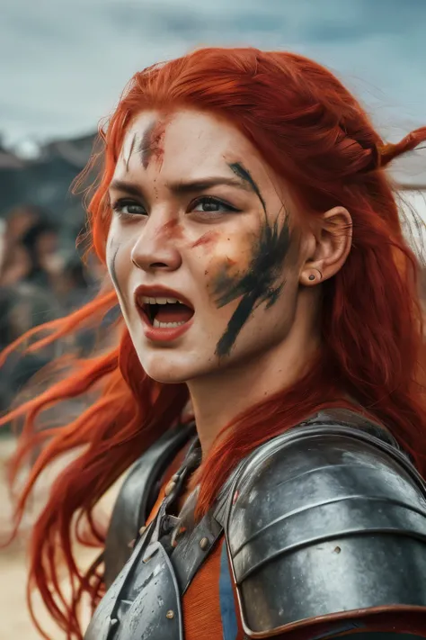 Portrait of a fierce-looking female Viking warrior with jet-black eyes, her fiery red hair streaming in the wind, hassocks of war paint adorning her temples and cheekbones. Depicted with an open mouth, letting out a bloodcurdling battle cry as she readies ...