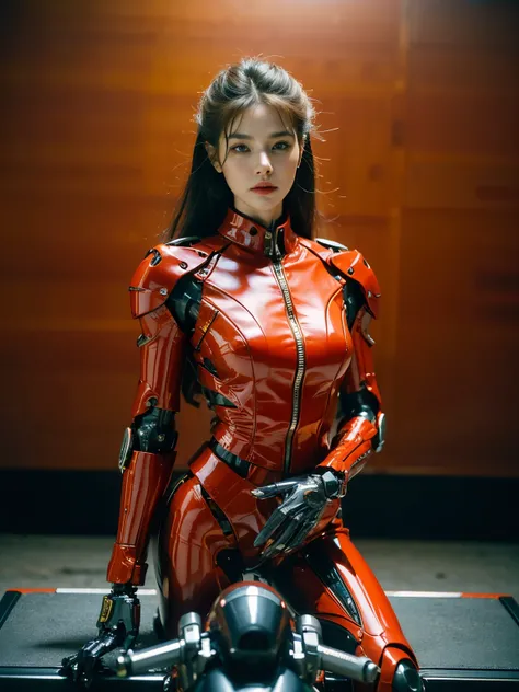 ((best quality)), ((masterpiece)), ((perfect face))、（(detailed motorcycle)）、Detailed and clear photos、((Cyborg Woman))、(Red long sleeve riding jacket and leather pants))、((riding a motorcycle))、((cybernetics))、slender body、((Woman with mechanical body))、co...