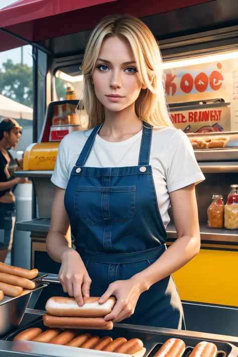 A realistic image of a Skinny Blond Woman making hot dogs on a food truck, hot dog woman clothes, on a food truck background, realistic, 8k, cinematic, realistic face, detailed face, detailed eyes, 8k,