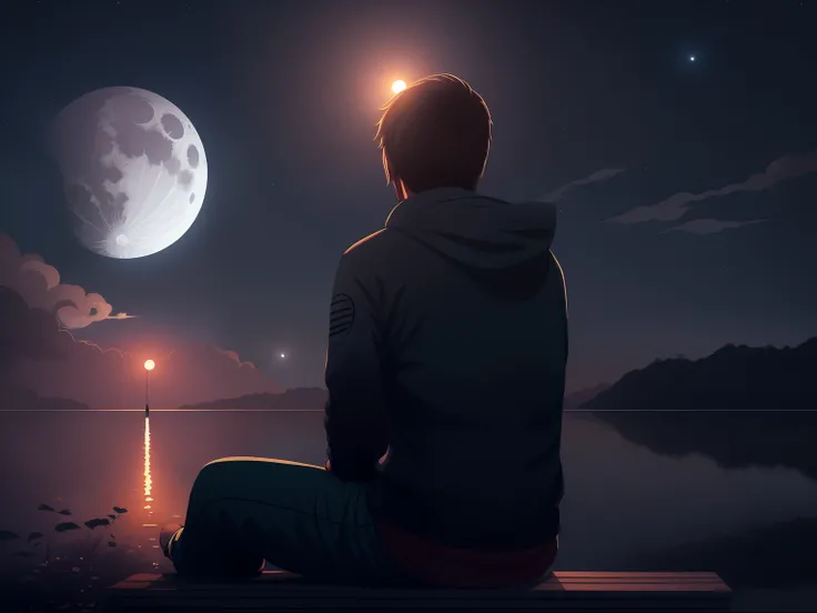 there is a man sitting on a bench olhando para a lua, noite calma. digital illustration, olhando para a lua cheia, sentado na lua, olhando para a lua, Cyril Rolando e Goro Fujita, moon behind him, 3D rendering beep, cinematic beep, inspirado em Cyril Rolan...