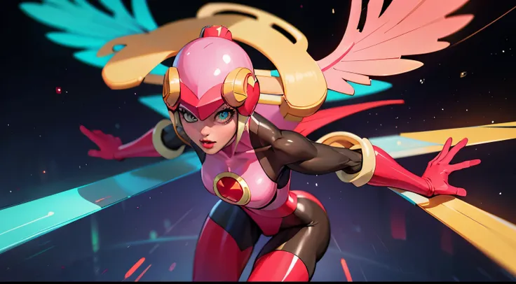 1 supersexy girl wear a roll.exe bodysuit, mechanical wings, space war background, pink aura body, pink helmet, yellow antenna o...