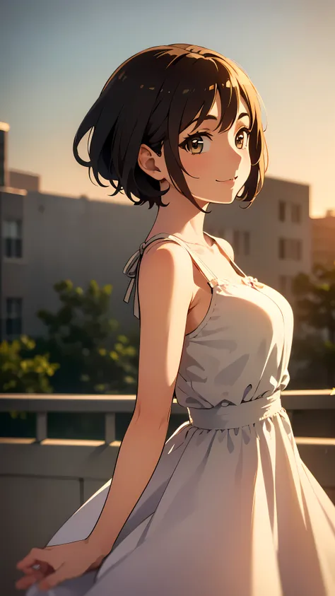 highest quality, detailed face, 1 girl, middle chest, smile, casual dress, (attractive, puffy eyes:1.2), excellent anatomy, looking at the viewer, soft focus, golden hour lighting, Depth of the bounds written, happy expression, short cut hair, outdoors, (p...