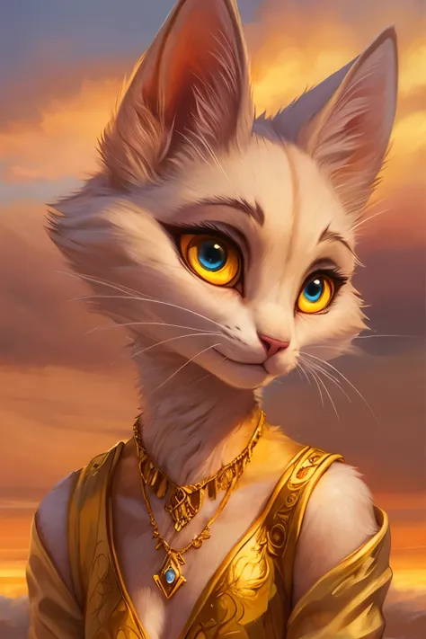 Anthro white persian cat wearing golden elegant dress and golden necklace,sky blue eyes with yellow sclera, realistic fur,hyper realism,slim cat,thin neck,purple blush, breathtaking:0,8,oil painted realistic, masterpiece:0.8,background by pixelsketcher,sky...