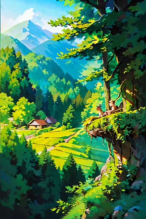 world style anime ghibli studio tree canopy overhead (alpine mountains:1.1), clear sky, (masterpiece:1.3) (best quality) (detail...