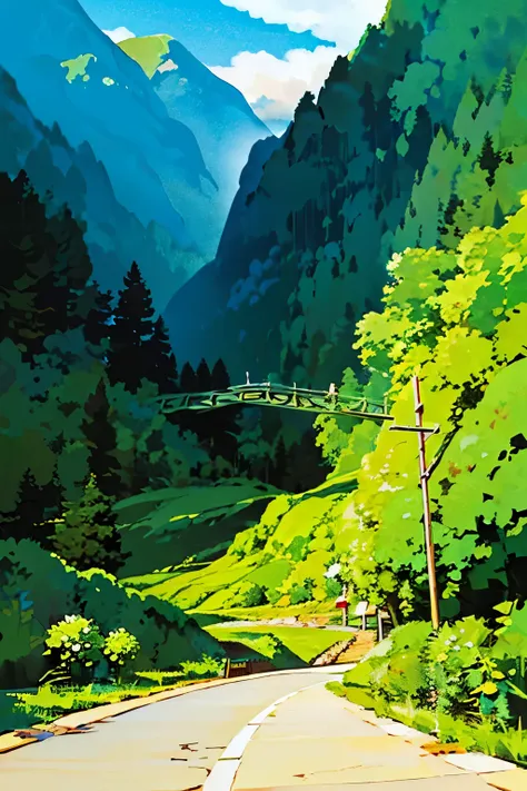 world style anime ghibli studio tree canopy overhead (alpine mountains:1.1), clear sky, (masterpiece:1.3) (best quality) (detail...