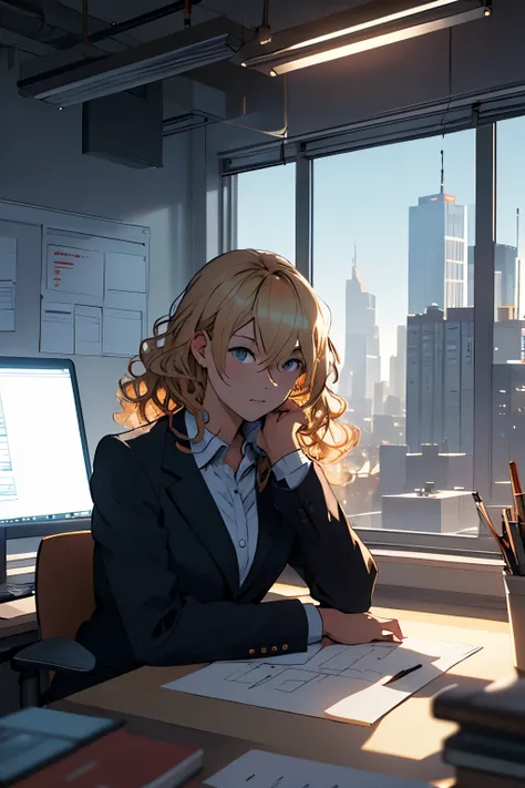 Draw a young female programmer, sitting on a research platform in the middle of an office environment. She is studying with a notebook, surrounded by several drawings of buildings in the office. 
Dramatic lighting illuminates the scene, casting deep shadow...