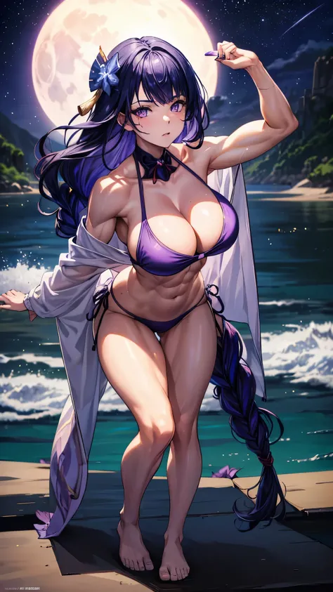 1 girl, alone, beautiful, (((muscular thighs))), slim arms, medium to large breasts, (((wearing a purple bikini))), purple painted nails, (on the beach at night with a starry sky and a full moon in the sky), pure eyes, Realistic pupils, highly detailed eye...