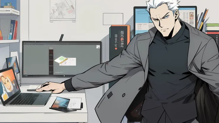 anime character with a laptop in his hand standing in front of a desk, # jefe, #jefe, (webcomic), ; novela visual, (SFW) seguro para el trabajo, webtoons, comic style, inspirado por Iwao Takamoto, Manhwa, En el juego, taciturno, comic styleo, por Shitao, f...