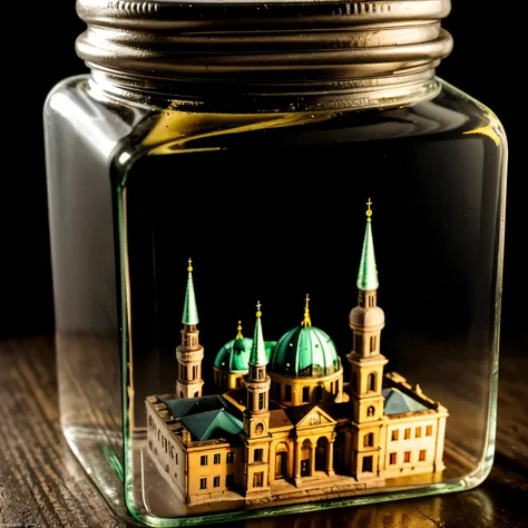 (an intricate mini-town of berlin tucked inside a square glass jar with lid), macro photography in close-up