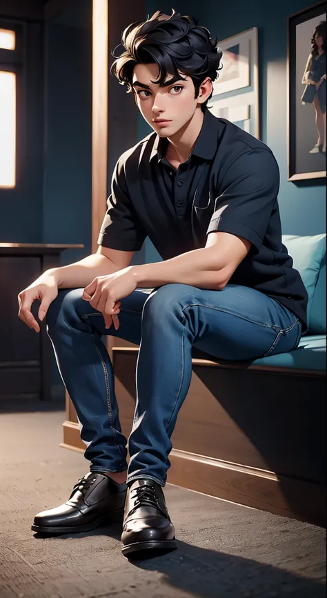 21 years old man, short curly black hair, medium:illustration, plump skin, muscular, blue shirt, black jeans, dress shoes, (best quality,4k,8k,highres,masterpiece:1.2),ultra-detailed,realistic,photorealistic:1.37, portraits, vibrant colors, natural lightin...