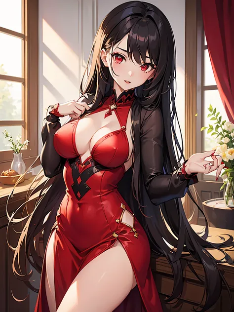 1girl, beautiful, vampire goddess, brunette very long hair, red eyes, sexy body and big breast, wearing a sexy red dress, ultrasharp, looking at the viewer, ((best quality)), ((masterpiece)), (detailed), perfect face,