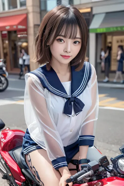 big and full breasts、(((A transparent white sailor suit that sticks to the chest,school uniform:1.7))),(((A woman wearing a transparent sailor suit:1.7 ))),(((A woman riding a colorful custom-painted motorcycle through the city:1.7))), Shiny light brown an...