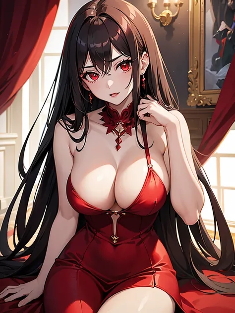 1girl, beautiful, vampire goddess, brunette very long hair, red eyes, sexy body and big breast, wearing a sexy red dress, ultrasharp, looking at the viewer, ((best quality)), ((masterpiece)), (detailed), perfect face,