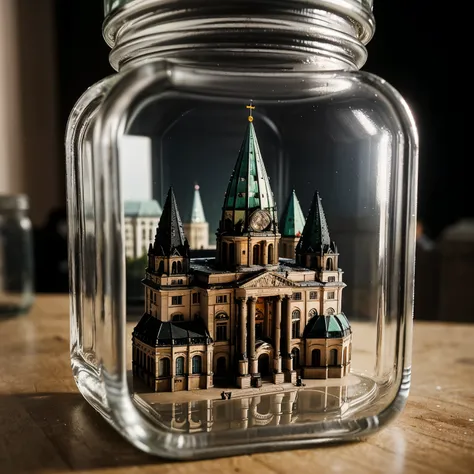 (an intricate mini-town of berlin tucked inside a square glass jar with lid), macro photography in close-up, (berlin, capital of...