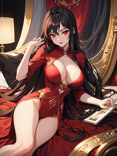 1girl, beautiful, vampire goddess, brunette very long hair, red eyes, sexy body and big breast, wearing a sexy red dress, ultrasharp, looking at the viewer, ((best quality)), ((masterpiece)), (detailed), perfect face,