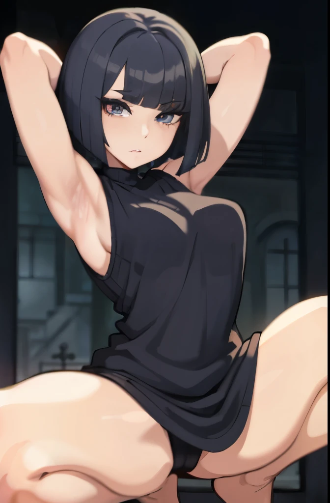 beautiful, (masterpiece:1.2), (best quality:1.2), perfect eyes, perfect face, perfect lighting, 1girl, black hair, bob cut, hair covering one eye, grey sleeveless sweater, look at the viewer, (wide angle:0.8)
,squatting,arms up,