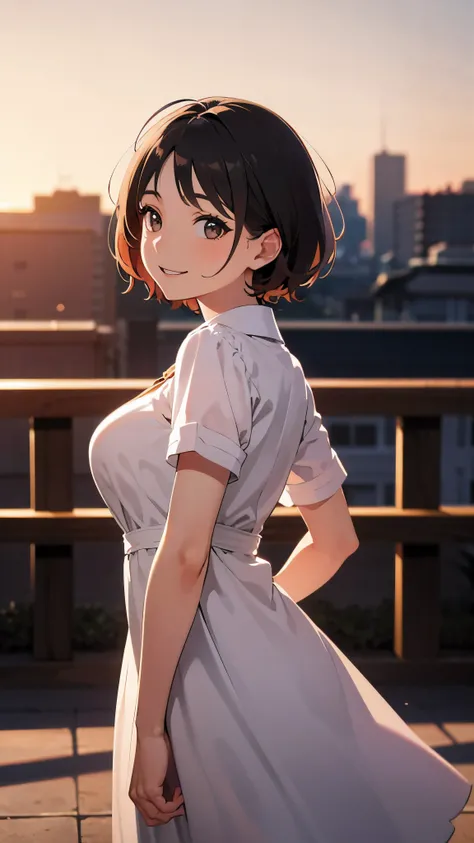 highest quality, detailed face, 1 girl, middle chest, smile, casual dress, (attractive, puffy eyes:1.2), excellent anatomy, looking at the viewer, soft focus, golden hour lighting, Depth of the bounds written, happy expression, short cut hair, outdoors, (p...